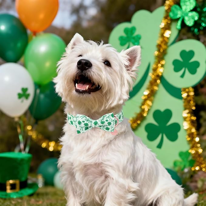 St. Patrick's Day Dog Collar with Bow Tie, Spring Shamrock Bowtie Collar for Girl Boy Dog, Lucky Clover Dog Collar with Metal Buckle, Green Collar for Dogs, XS