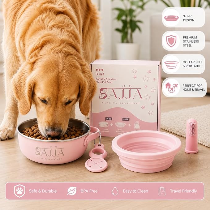 Pink Slow Feeder 3-in-1 Travel Dog Bowl Set – 30 OZ Stainless Steel + 20 OZ Collapsible BPA-Free Silicone Bowl Lid | Silicon Slow Feeder Insert | Non-Slip, Anti-Choking|, Carabiner | We give Back