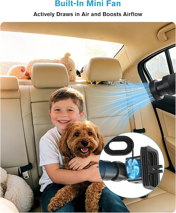 Car AC Vent Extender with Build-in Fan, Extendable Back Seat Air Conditioning, Directs Cool or Warm Air to kids, Elderly & Pets, Portable AC Hose, Universal for Vehicles
