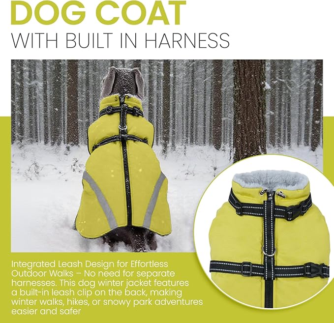 QBLEEV Large Dog Coat, Big Dog Winter Jacket for Large Dogs, XXX-Large Waterproof Cold Weather Snow Vest with Zip & Reflective, Windproof Built-in Harness Warm Fleece Snowsuit Clothes, Green, XXXL