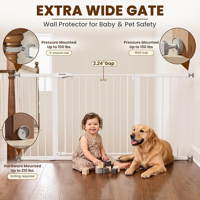 Mumeasy Extra Wide Large Baby Gate for Doorways, 36-66" Walk Through Wide Long Dog Gate for Door & Stair, Auto Close Dual Swing Pressure Mounted Child Safety Gate for Toddlers, Puppies & Pets, White