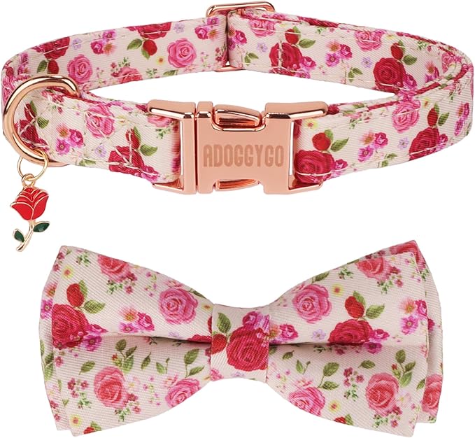 ADOGGYGO Floral Dog Collar with Bow, Red Pink Rose Flower Bow, Metal Buckle, Adjustable Floral Collars for Extra Large Dogs (X-Large)