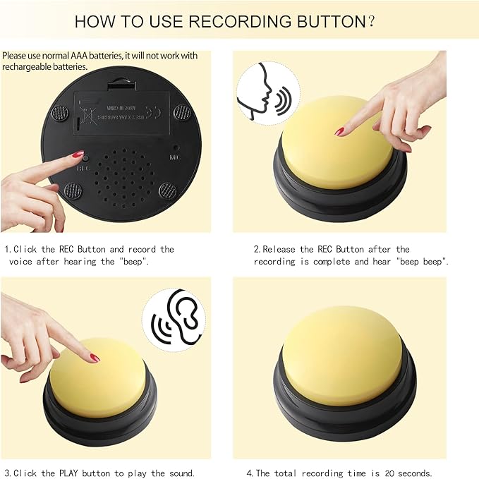 Voice Recording Button, Dog Buttons for Communication Pet Training Buzzer, 30 Second Record & Playback, Funny Gift for Study Office Home, 6 Packs