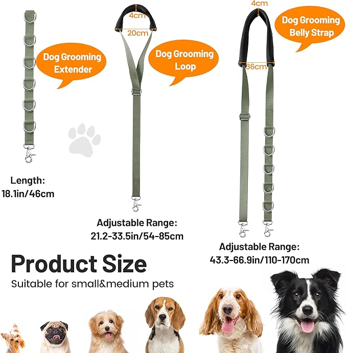 Dog Grooming Belly Strap - Dog Grooming Loops for Table Arm Extender with Clamp Extension Loop Bathing Restraint Leash No Sit Haunch Holder for Small & Medium Dogs Hair Cutting Washing (Army Green)