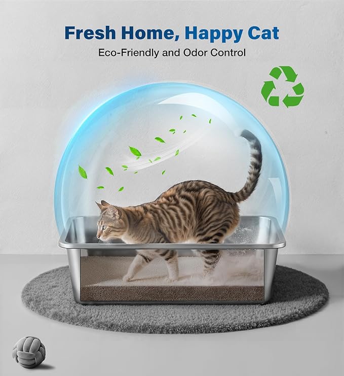 Qiuma Stainless Steel Litter Box, Large Metal Cat Litter Box for Big and Small Cats, Non-Stick, Easy to Clean, Odor-Free, 19.5" L×13.6" W×3.9" H, Blush Pink