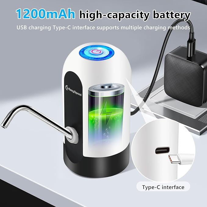 Water Dispenser for 5 Gallon Bottle, USB-C Charging Portable Electric Water Pump with 3 Adapters for 5 Gallon Jugs and Bottles, Automatic Drinking Water Dispenser for Camping, Travel, White