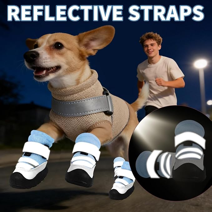 Dog Boots, Waterproof Dog Shoes with Reflective Straps, Rugged Anti-Slip Sole Paw Protectors for Medium Large Dogs, Breathable Pet Booties for Hot Pavement, Snow, Hiking, 4Pcs