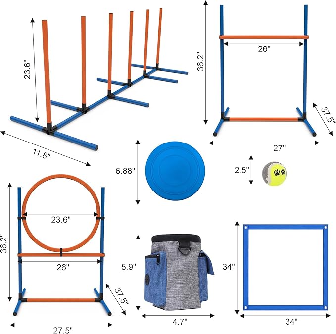 Sedeke 4 Sets Pets Agility Training Equipment - Adjustable Dog Hoop, Jump, Weave & Blind Poles, Pause Box for Outdoor Obstacle Course