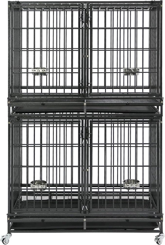 Homey Pet 43 Inch Two Tiers Dog Crate Cage Kennel with Divider, Stackable Heavy Duty Dog Crate for Large Dogs, Escape Proof Indestructible Dog Kennel Indoor with Removable Tray, Lockable Wheels