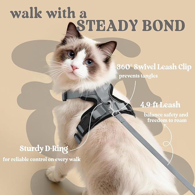 rabbitgoo Cat Harness and Leash for Walking, Escape Proof Soft Adjustable Vest Harnesses for Cats, Easy Control Breathable Reflective Strips Jacket, Grey, S