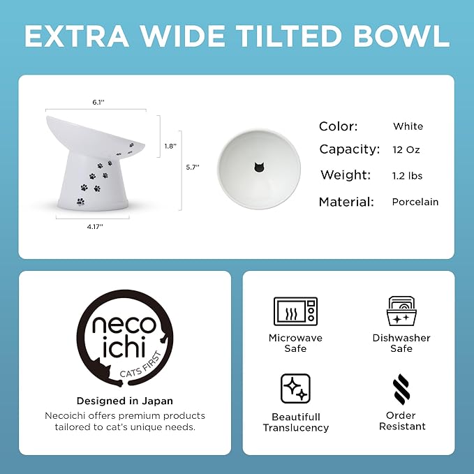 Necoichi Elevated Cat Food Bowl, Ceramic (Porcelain),15° Tilted, Whisker-Friendly, Dishwasher, Microwave Safe, Non-Slip, Anti-Vomiting, Neck Fatigue (Extra Wide Tilted, 1.5-Cup Capacity)