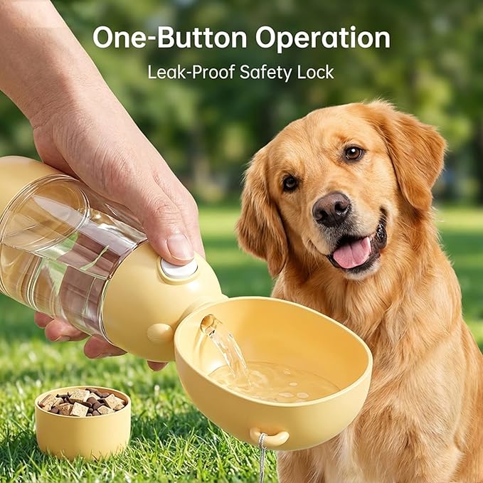2-in-1 Dog Water Bottle, 400ML Water + 200ML Food Leak-Proof Pet Travel Water Dispenser with Detachable Bowl, BPA-Free Portable Dog Water Bottle for Walking, Hiking, Travel (Yellow)