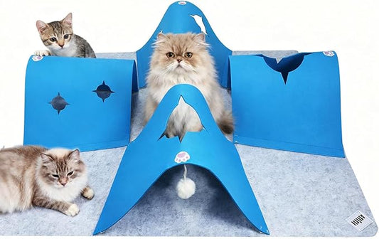 35.4" Large Interactive Felt Cat Activity Play Mat – Ripple Style Hide & Seek Tunnel with Hanging Ball, Foldable Snuffle Mat for Indoor Cats, Kittens, Rabbits, Small Pets, Blue