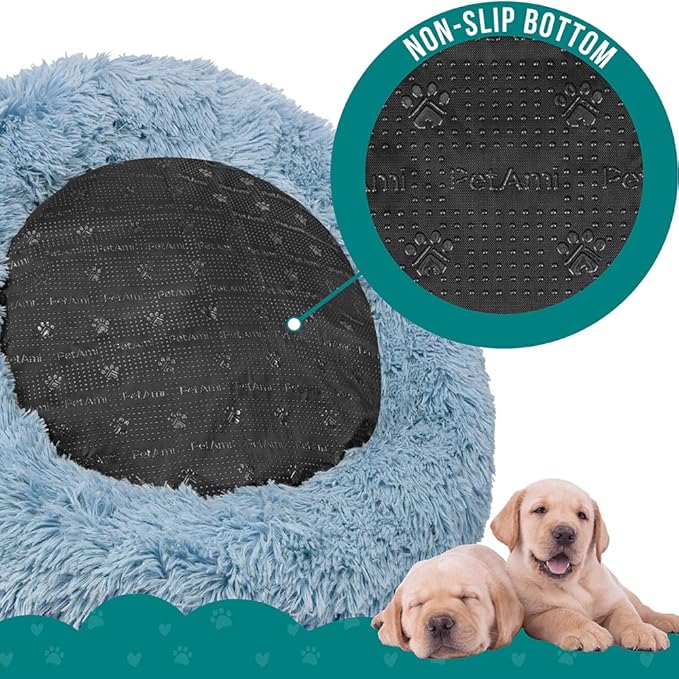 PetAmi Calming Dog Bed for Small & Medium Dogs and Cats, 30 Round Donut Dog Bed, Washable Fluffy Faux Fur Puppy & Cat Bed, Anti-Anxiety Plush Cuddler Pet Bed with Anti-Slip Bottom - Blue