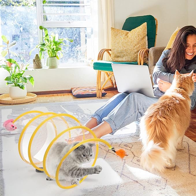 2-Pack Large Cat Tunnel Beds - Indoor & Outdoor,Kitten Collapsible Spring Tunnel Toy with Feather and Bell,Interactive Spring Toys for Cats & Kittens（Yellow）