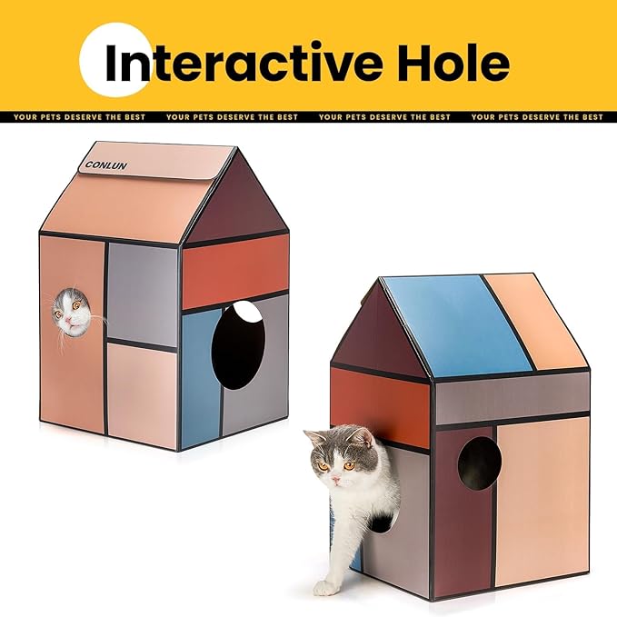 Conlun Cardboard Cat House with Scratch Pad & Catnip, Cat Play Scratching House for Indoor Hideaway Furniture, Heavy Duty Sturdy Cardboard Scratcher, Easy to Assemble Birthday Gift, Medium