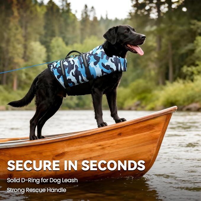 VIVAGLORY Rip Stop Dog Life Vest, Swimming Vest with Handle, Buoyancy for Doggy Puppy, Dog Life Jacket for Swimming & Boating, L, Camo Blue