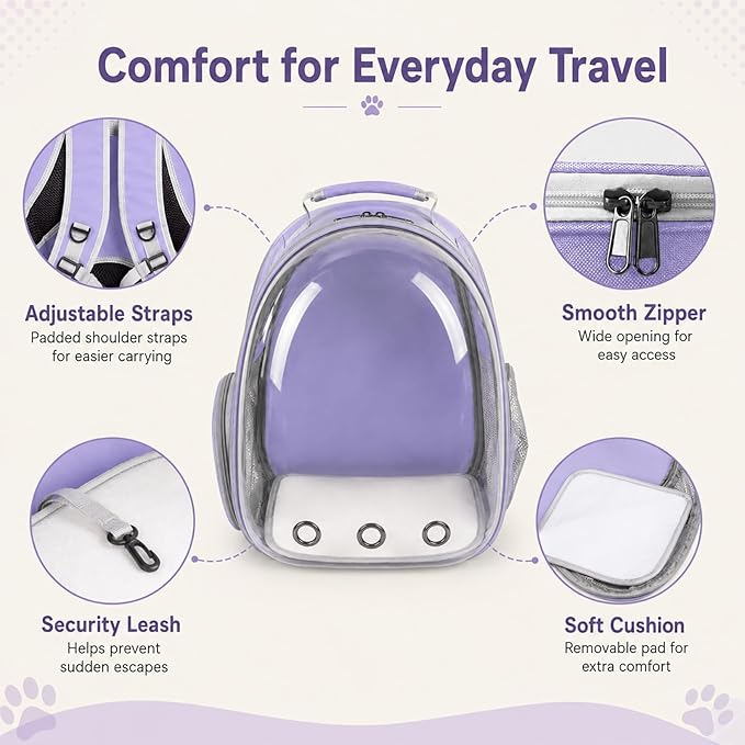 Expandable Cat Backpack Carrier, Breathable Clear Bubble Window Pet Carrier for Small Dogs and Cats up to 12 lbs, Airline Approved Travel Bag for Hiking and Outdoor Use (Back Expandable-Purple)