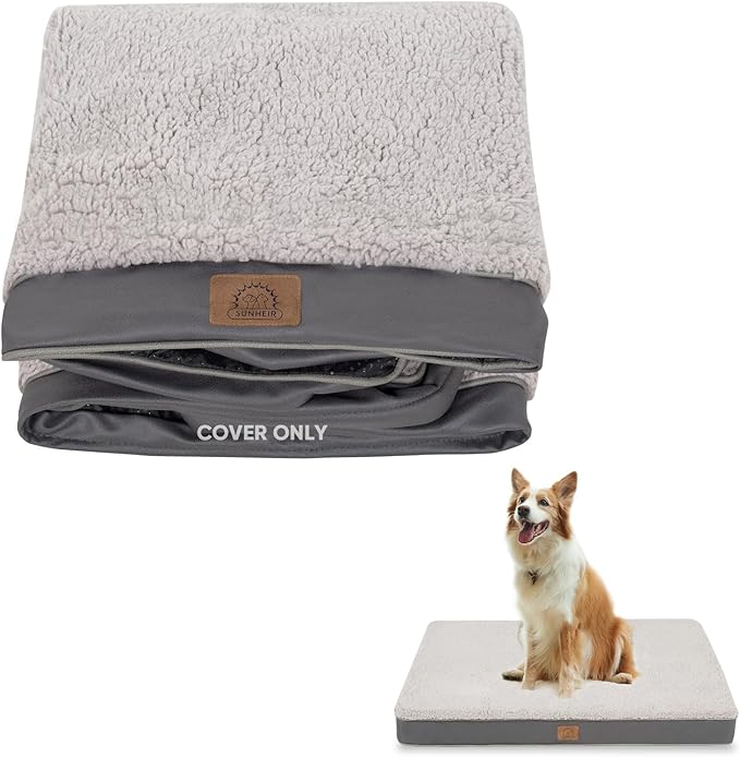 Sunheir Washable Large Dog Bed Covers Soft Plush Replacement, Waterproof Dog Bed Liner, Pet Bed Cover with Zipper 24x16x3 Inches, Grey, Cover Only