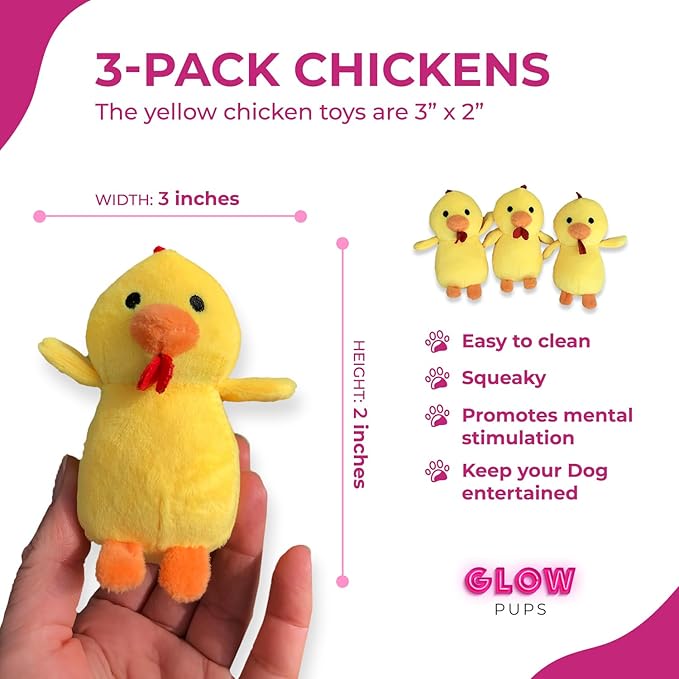 Glow Pups Chicken Dog Toys with Squeaker, Promotes Mental Stimulation, Soft Plush Dog Toy Material, 3" X 2", Cute Design, Relieves Boredom, 3 Pack of Replacement Chickens