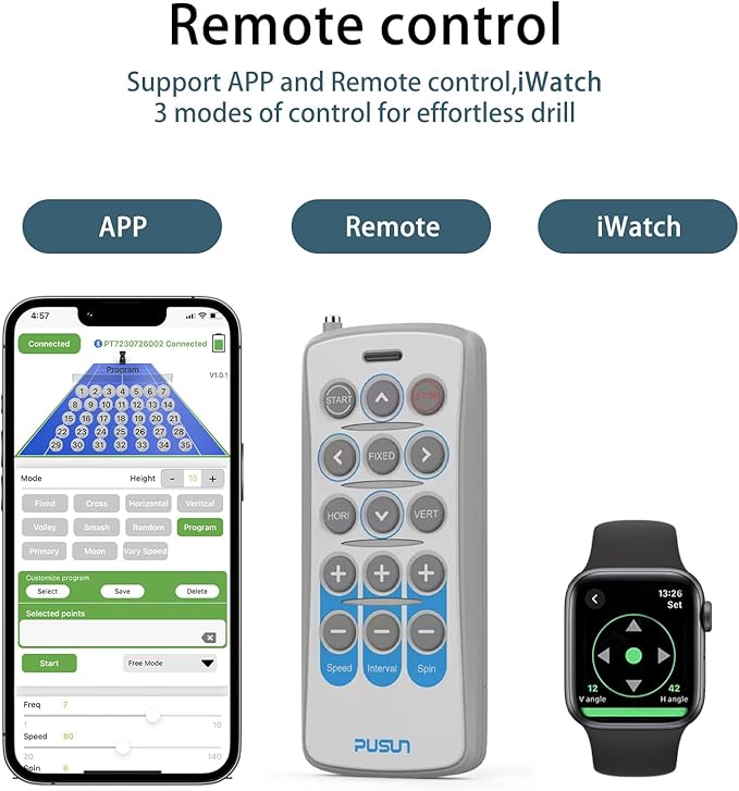 PT-9001 Programmable Variable-Speed Tennis Ball Machine | APP & for Apple Watch Control (12 Modes), MAX 140KM/H, 10Hr Battery, 6-Level Spin, 150-Ball Capacity — for Clubs & Advanced Players