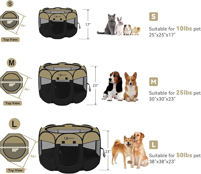 Pink Puppy Playpen for Middle Dog Cat, Dogs Tent Crate Cage Indoor/Outdoor, Portable Pop Up Dog Kennel with Carrying Bag for Rabbits, Removable Top (Black Khaki, Small)