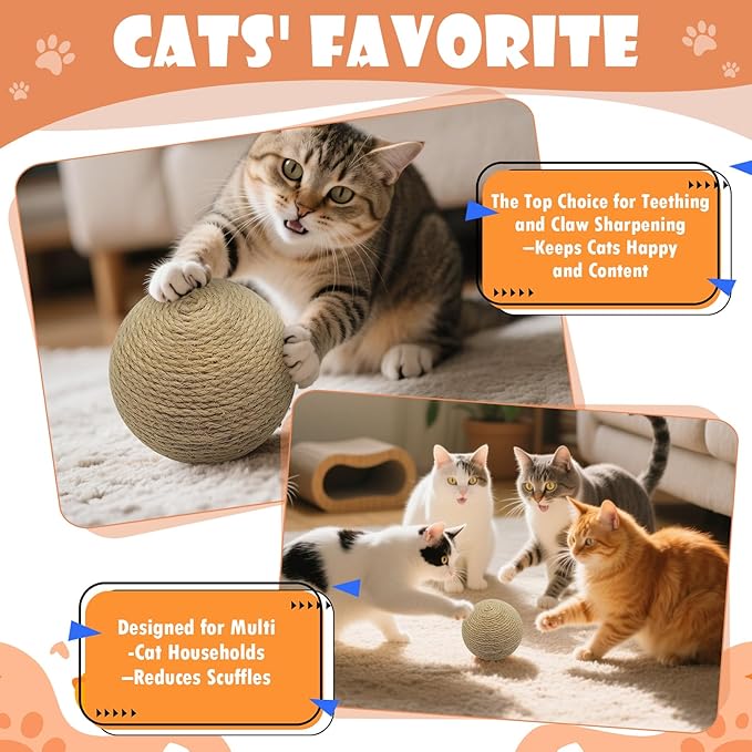 3.94 inch Sisal Cat Ball Toy, Interactive Natural Cat Scratching Ball, Perfect Scratcher for Cats' Exercise and Fun (Sisal)