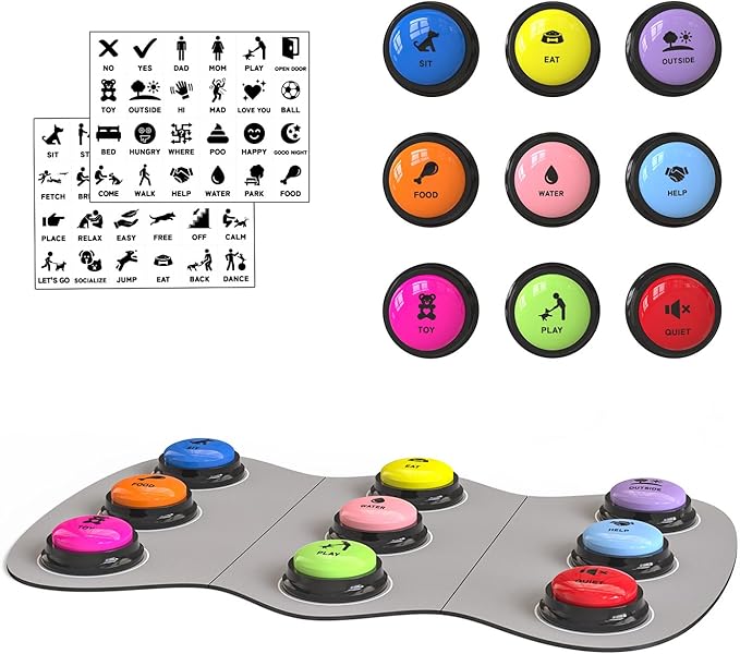 Acools Dog Buttons for Communication, 9 Pcs Recordable Talking Button Set with 30s Voice, Pet Training Buzzer Kit for Dogs and Cats, Waterproof Anti-Slip Mat, 48 Scene Stickers for Outside/Food/Play
