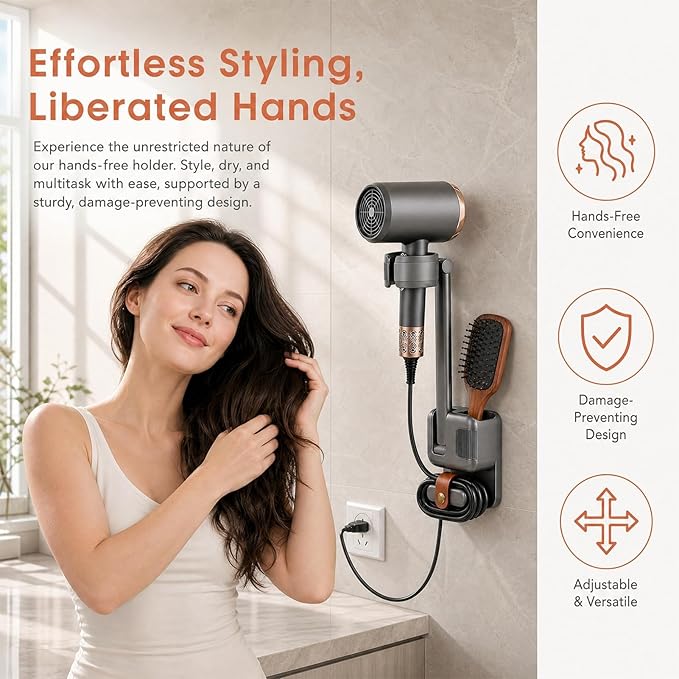 Hands Free Hair Dryer Holder Wall Mount, No Drill Installation, Damage-Free Wall, Adjustable Arm, With Cord Storage，Storage Slot，For Home & Hotel Bathroom, Bedroom Vanity, Fits Most Hair Dryers (Gray)
