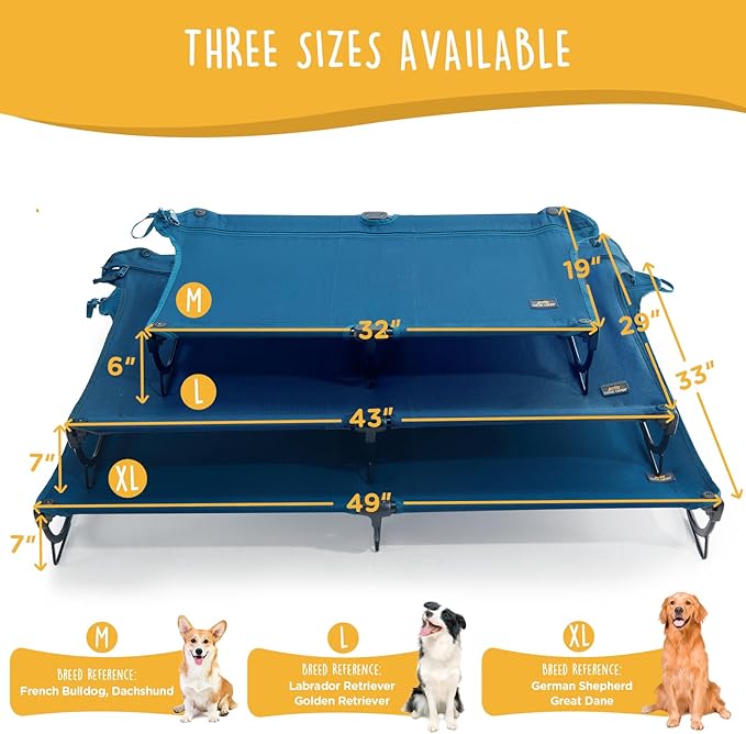 CANINE CANYON Daisy Cot, Medium Foldable Elevated Dog Bed, Portable Raised Outdoor Folding Dog Cot, Cooling, Chew Proof, Waterproof, Heavy Duty Up to 160 Lbs for Camping/Home, Dark Blue, 32"x 19"x6"