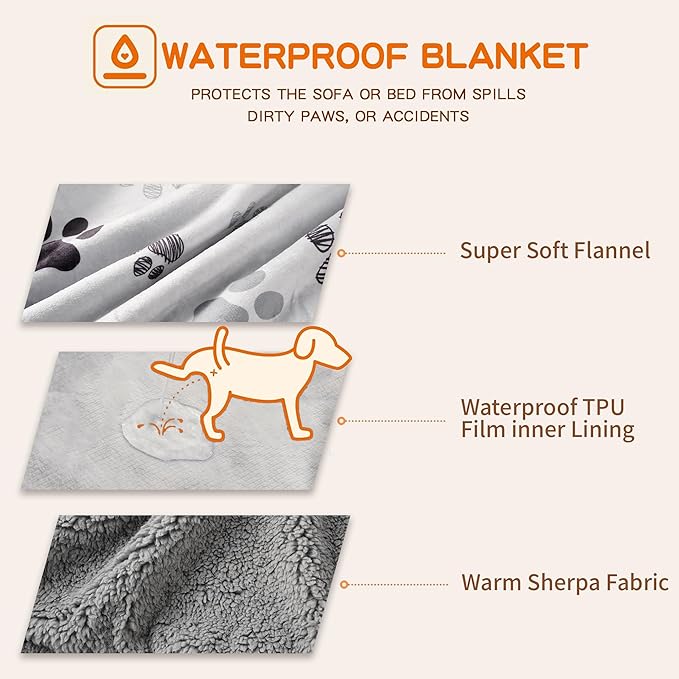 Waterproof Dog Blankets Pet Blanket 50"x60", Soft Fluffy Sofa Car Bed Protector, Reversible Sherpa Fleece Dog Blanket for Large Dogs(Light Grey-Paws)