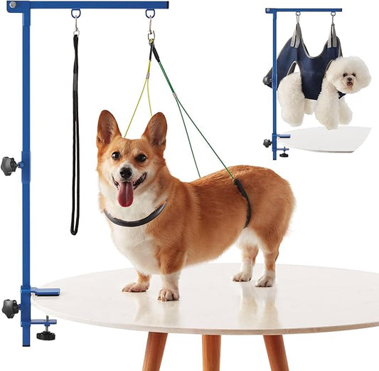 Home Dog Grooming Table Arm with Hammock 35" Height Adjustable Dog Grooming Arm with Clamp No-Sit Haunch Holders Durable Blue(Grooming Table Not Included)