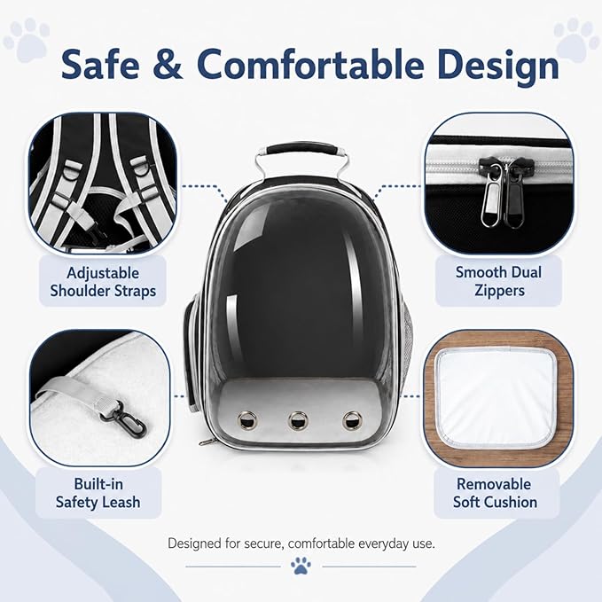 Expandable Cat Carrier Backpack for Cats and Dogs, Bubble Window Pet Travel Backpack with Breathable Mesh, Anti-Collapse Structure, Side Door, Safety Leash, for Vet Visits, Hiking, Outdoor, Black