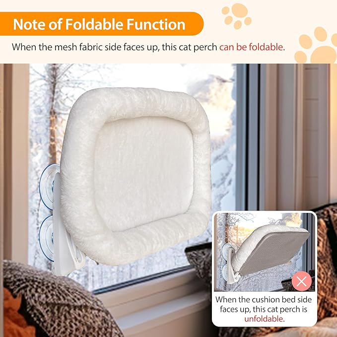 L&W BROS. 2PC Cat Window Perch Cushion Bed Cat Hammock with 4 Updated Suction Cups Easy to Assemble Window Bed for Heavy Large Cats (L White)