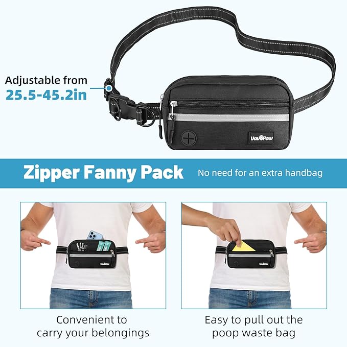 VavoPaw Hands Free Dog Leash for 2 Dogs with Pouch, Waist Leash for Dog Walking, Jogging, Hiking, Retractable Leashes with Dual Padded Handles, Adjustable Reflective Belt for Small, Medium, Large Dogs