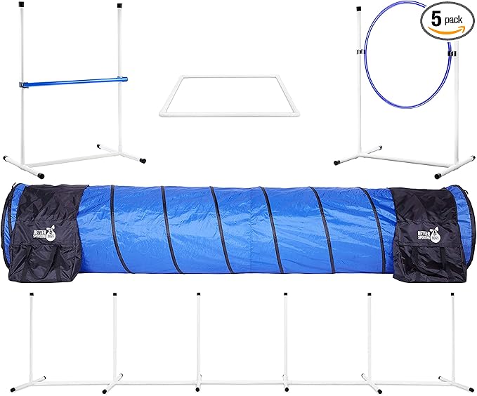 Better Sporting Dogs Complete Starter Agility Set for Dogs | 5 Piece Dog Agility Kit | Agility Jump | Tire Jump | Weave Poles | 10’ Tunnel with Sandbags | Pause Box