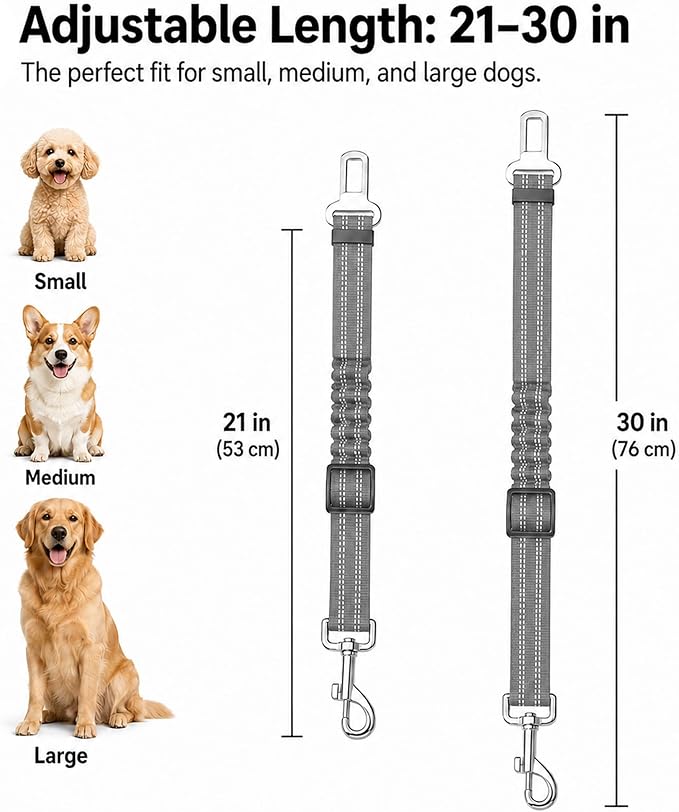 Dog Seat Belt 2Pcs, Retractable Pet Car Harness, Adjustable Dog SeatBelts for Vehicle, Nylon Pet Safety with Elastic Bungee