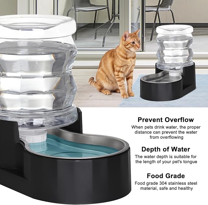 RIZZARI 4L Filter-Free Black Gravity Pet Water Dispenser for Cats and Small Dogs, Spill-Resistant Stainless Steel Water Bowl for Modern Apartments, Gaming Rooms, and Low-Mess Indoor Spaces