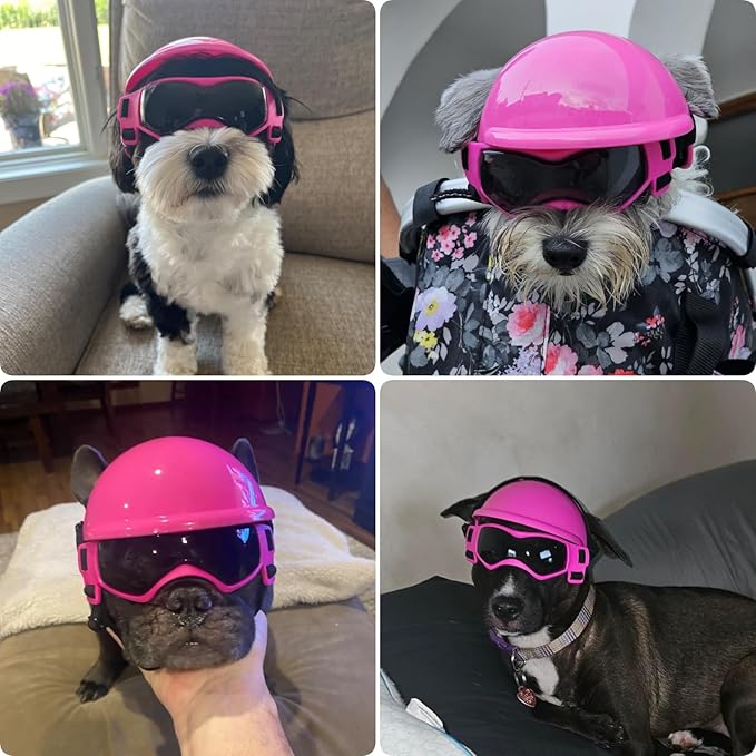 Small Dog Goggles with Helmet, 2PCS Pet Sunglasses and Dog Motorcycle Helmet with Ear Holes, Small Medium Breed Outdoor Driving Walking Biking Protection, All Pink