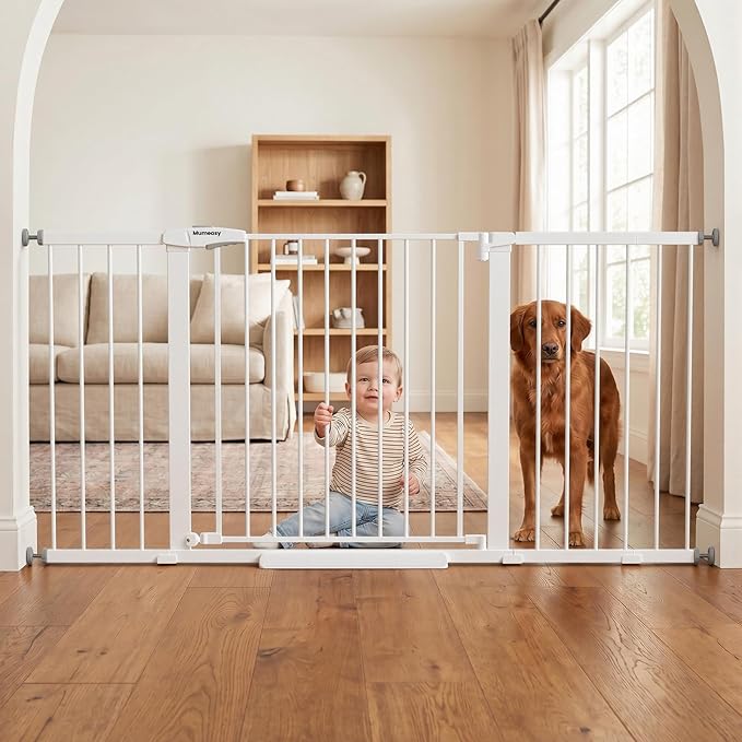 Mumeasy Extra Wide Large Baby Gate for Doorways, 36-66" Walk Through Wide Long Dog Gate for Door & Stair, Auto Close Dual Swing Pressure Mounted Child Safety Gate for Toddlers, Puppies & Pets, White