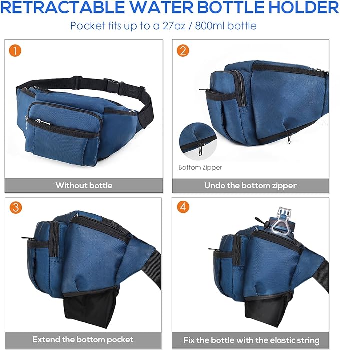 NOOLA Fanny Pack Waist Bag for Men Women, Lightweight Waist Pack with Water Bottle Holder, Adjustable Belt Bag with Multi-Pockets for Hiking, Dog Walking, Outdoor, Cycling, Running, Travel, Blue