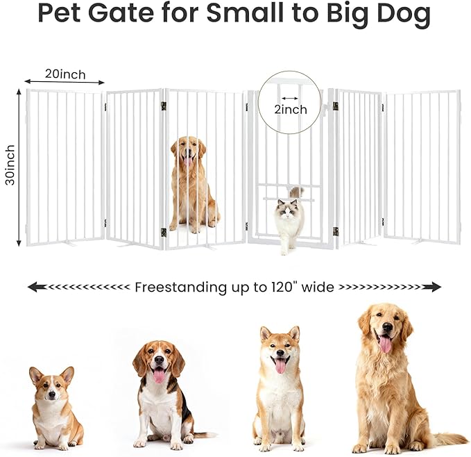 Metal Freestanding Dog Gate with Cat Door for Outdoor & Indoor,34" Tall Foldable Pet Fence,160" Extra Wide Dog Gate for RV Camping,Stairs,Hallways,Doorways,Deck,Yard,with 7PCS Support(8 Panels,White)