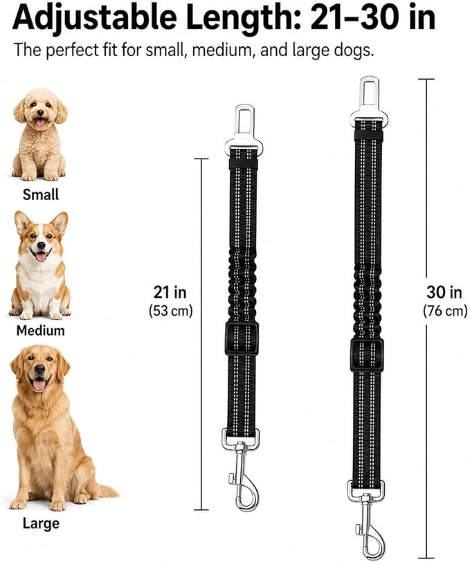 Dog Seat Belt 2Pcs, Retractable Pet Car Harness, Adjustable Dog SeatBelts for Vehicle, Nylon Pet Safety with Elastic Bungee (Black)