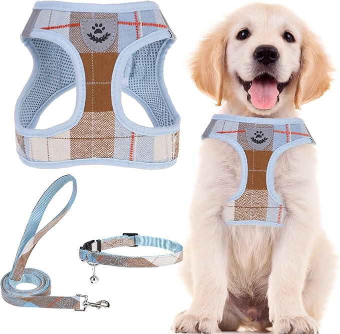 PUPTECK Adjustable Dog Harness Collar and Leash Set Step in No Pull Pet Harness for Small Medium Dogs Puppy and Cats Outdoor Walking Running, Soft Mesh Padded Reflective Vest Harnesses, BlueBrown XL