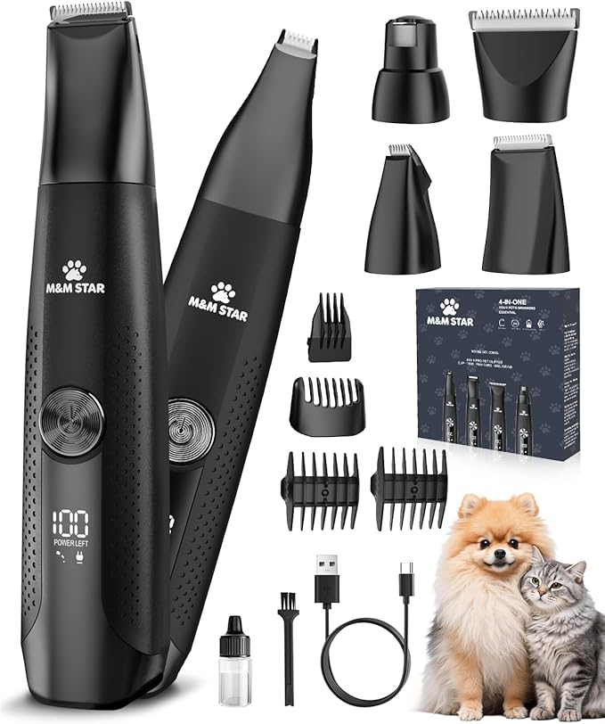 M&M STAR Dog Grooming Kit, 4-in-1 Dog Clippers for Grooming, Cordless Dog Hair Trimmer with Dog Paw Trimmer & Dog Nail Grinder, Low Noise Pet Clippers for Dogs Cats Face Ears Paws