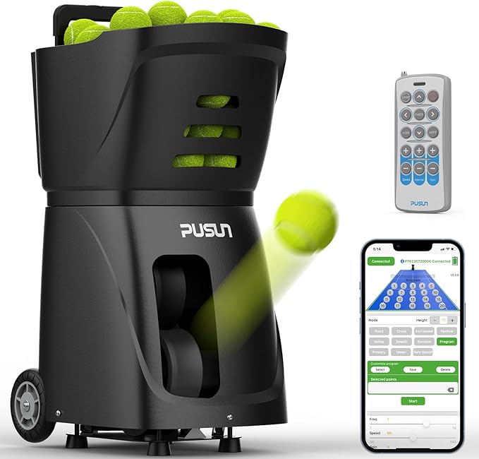 PT-SMART Tennis Ball Machine - Smart App for Apple Watch & Phone Control, Tennis Ball Launcher with 20 Landing Points, 12 Training Modes & 4-6h Battery Life, Tennis Serving Machine
