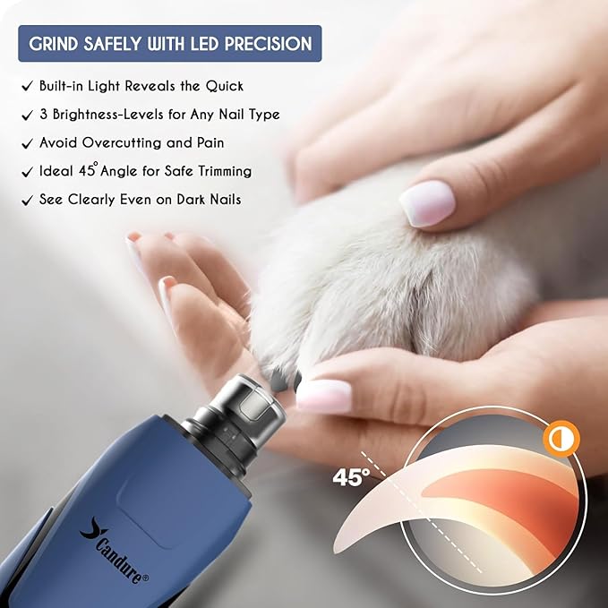 Candure Dog Nail Grinder Upto 6-Speed Dog Nail Trimmer for Large, Medium, Small Dogs, Cats & Pets Low Noise Rechargeable Dog Claw Grinder with 360° LED Lights & Includes Extra Grinder Head (Dark Blue)
