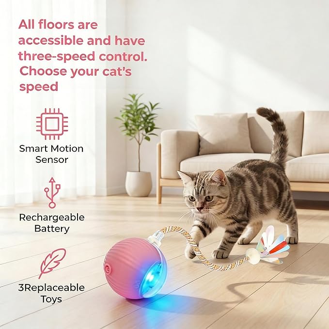Rechargeable Smart Rolling Cat Ball, Automatic Interactive Cat Toy with 3 Modes, LED Light & 3 Replaceable Accessories, Indoor Cat Exercise Toy for Kittens & Adult Cats, for Boredom Relief Red