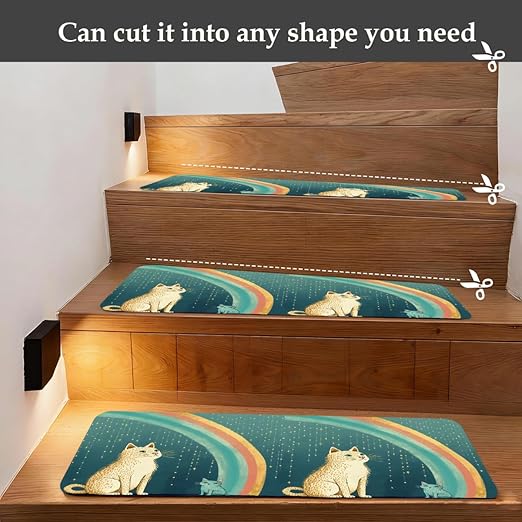 Animal Cute Cat Rainbow Stair Treads for Wooden Steps Indoor Washable Staircase Carpet 15PCS 30"x7.8" Stair Step Treads Non-Slip Staircase Covers Peel and Stick Safety Mat for Kids Elders Pets