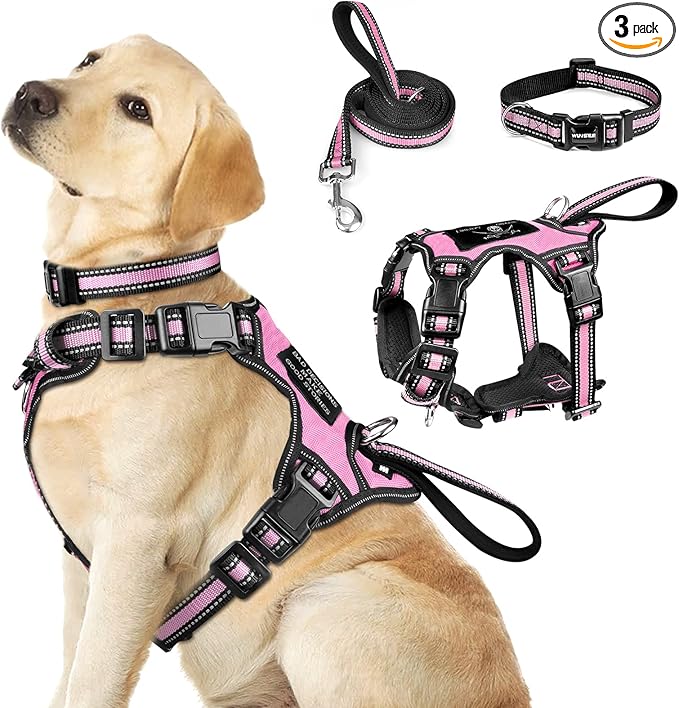 WINSEE Pet Harness Collar and Leash Set, All-in-one Reflective Dog Harness No Pull with Adjustable Buckles for Puppies, Small, Medium, Large, and Extra-Large Dogs (Large, Pink)
